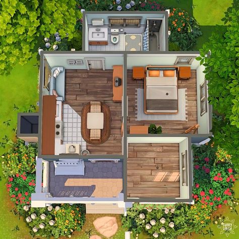 💛 check out the speedbuild on youtube.com/sunnysimsie this is a tiny home for a grandma, built in copperdale! ☀️Gallery ID:… | Instagram 2 Bedroom Sims 4 House Layout, Tiny Suburban House, Tiny Family Home, Sims 4 Tiny Home Floor Plan, Sims 4 1 Bedroom House, Sims Tiny House Floor Plans, Sims 4 Floorplan Starter Home, Sims 4 Starter House, Tiny Home Sims 4