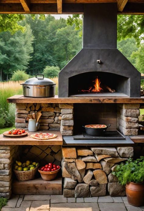 Outdoor Patio With Pizza Oven, Outside Pizza Oven Ideas, Small Backyard Pizza Oven, Outdoor Barbecue Kitchen, Pizza Fireplace Outdoor, Rustic Pizza Oven, Pizza Ovens Outdoor, Outdoor Kitchen Fireplace, Rustic Outdoor Decor Ideas