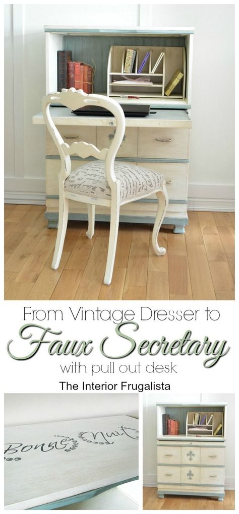 This is a great idea for small spaces when you don't have room for both a dresser and desk. Turn a vintage dresser into a faux pull-out secretary desk! #furnituremakeover #dressermakeover #upcycledfurniture #secretarydesk #desk #paintedfurniture #chalkpaintedfurniture #dresser #desk Dresser To Desk, Guest Room With Desk, Table Makeover Ideas, Dresser Makeover Ideas, Repurposed Desk, Pie Craft, Diy Desk Accessories, Small Guest Rooms, Diy Modern Furniture