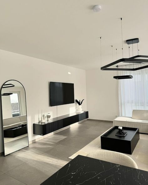 Room Inspo Modern Minimalist, Home Interior Black And White, Black White Home Interior, Black And White Monochrome Living Room, Minimalist And Modern Living Room, Black And White House Decor Living Room, Modern Home Decor Black And White, Black Modern House Decor, Modern Living Room Ideas Black And White