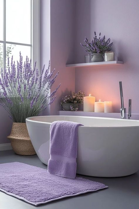 A Soft Lavender Spa Bathroom features pale lavender walls and fixtures that provide a soothing and gentle ambiance. This monochromatic bathroom design is perfect for a calming retreat, where soft hues promote relaxation and tranquility. Textural elements like fluffy towels and a plush bath mat add comfort and warmth. Natural light can enhance the soft purple tones, making the space feel airy and light. Click to explore more lavender bathroom designs. Before And After Home Interior, Pink Powder Room, Monochromatic Bathroom, Grey Modern Bathrooms, Organic Bathroom, Lavender Bathroom, Lavender Walls, Tranquil Bathroom, Black Bathtub