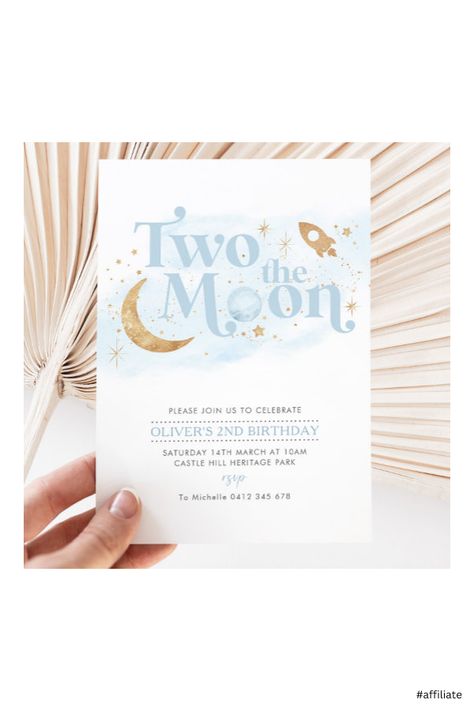 Moon Birthday Invitation, Two The Moon Birthday Party, Moon Birthday Party, 2nd Birthday Girl, Space Invitation, Two The Moon, Moon Birthday, 2nd Birthday Boys, Silver Invitation