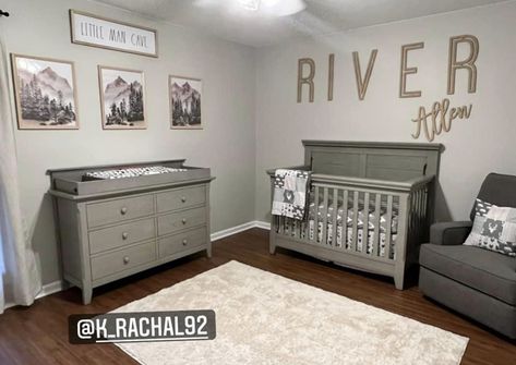 Grey And Wood Nursery, Gray Crib Nursery Color Schemes, Nursery Gray Crib, Grey Crib Nursery, Country Baby Boy Nursery, Rustic Crib, Rustic Boy Nursery, Nursery Gray, Gray Crib