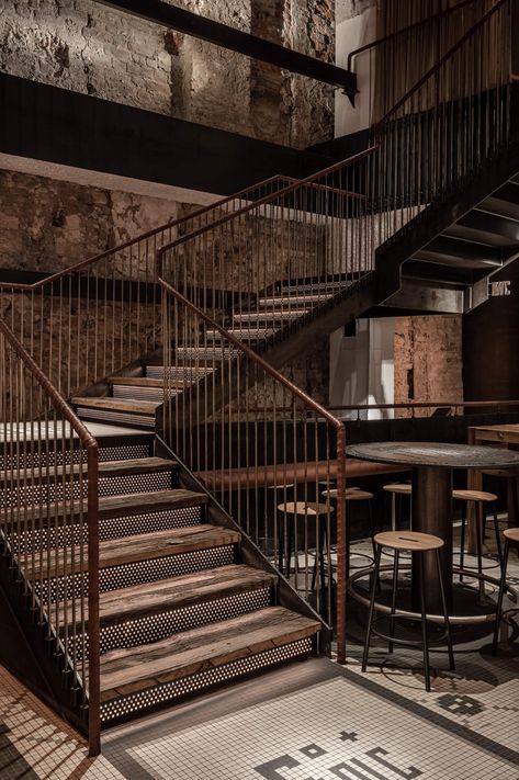 Cozy Bar, Warehouse Design, Metal Stairs, Lviv Ukraine, Vintage Bauhaus, Bars And Restaurants, Interior Stairs, Under One Roof, Bar Design Restaurant