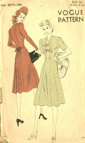 Vintage #1940s style Ladies One Piece Dress, 1940s Vogue, Outfit Patterns, 1940s Dress Pattern, 1940s Hollywood, Vintage Vogue Patterns, Patron Vintage, Vogue Vintage, Fashion 1940s