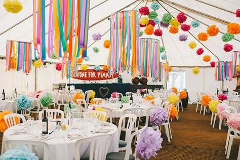 the cutest wedding decor EVER! Pom pom wedding inspiration | www.onefabday.com Pom Pom Wedding, Wedding Planning Notebook, Wedding Pom Poms, Festival Themed Wedding, Festival Theme, Wedding Crashers, Ceremony Design, Boda Mexicana, Rainbow Wedding