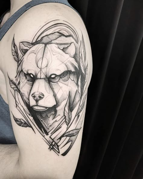 12+ Bear Shoulder Tattoo Designs and Ideas Bear Shoulder Tattoo, Neoclassical Tattoo, Geometric Bear Tattoo, Bear Tattoo Ideas, Tattoo Bear, Shoulder Tattoo Designs, Beer Tattoos, Bear Tattoo Designs, Geometric Bear