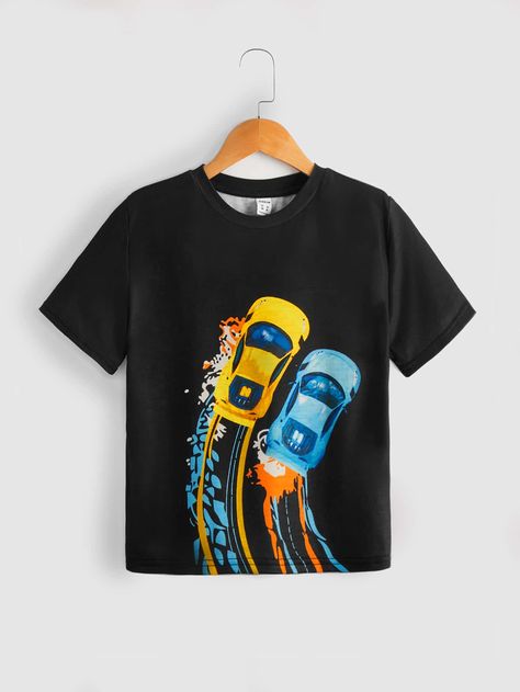 Black Casual  Short Sleeve Polyester Car  Embellished Slight Stretch Summer Toddler Boys Clothing Painting Tee Shirts, Kids Tshirt Designs, T-shirt Print Design, Shein Kids, Fabric Painting On Clothes, Paint Shirts, Tshirt Printing Design, Boy Car, Shirt Prints