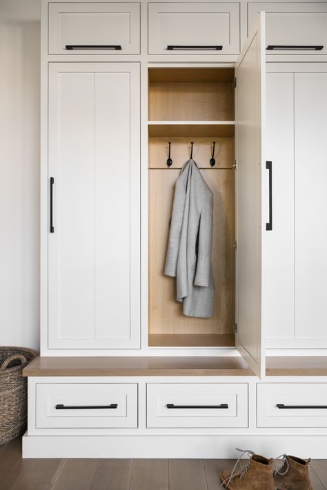 Drop Zone In Mudroom, Mudroom Locker With Shoe Storage, Mudroom Cabinet Ideas Built Ins, U Shape Mudroom, California Closets Mudroom, Mudroom In Dining Room, Mudroom Cabinet Color Ideas, Large Mudroom Laundry Room Ideas, Mudroom Storage Ideas Diy