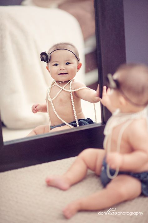 2 Year Milestone Photography, Mirrors In Photography, Small Mirror Photography, Using A Mirror In Photography, Mirror Baby Photoshoot, Girl Looking In Mirror, Photo In Mirror, Looking In Mirror, Milestone Ideas