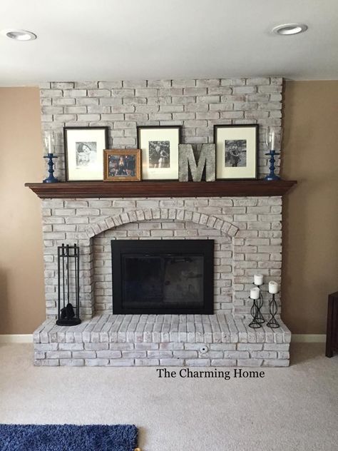 Grey Washed Full Brick Fireplace Gray Washed Brick Fireplace, Light Grey Fireplace Brick, Grey And White Brick Fireplace, Grey Wash Brick Fireplace, Grey Wash Fireplace Brick, Light Grey Fireplace, Chimney Color Ideas, Gray Wash Brick Fireplace, White Washing Brick Fireplace