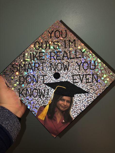 Kelly from The Office graduation cap decoration Office Graduation Cap, The Office Graduation Cap, Graduation Cap Designs College, Funny Graduation Caps, College Grad Cap Ideas, Party Outfit College, High School Graduation Cap, College Graduation Cap Decoration, Grad Cap Designs