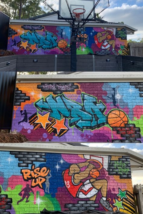 Colourful graffiti art on a brick wall behind a backyard basketball court Backyard Graffiti Wall, Basketball Court Graffiti, Basketball Court Mural, Basketball Graffiti Art, Boxing Graffiti, Football Graffiti, Basketball Graffiti, Basketball Court Backyard, Music Art Design