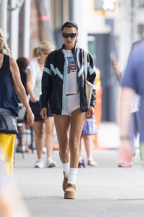 Bella Hadid Wore Ugg's New Platform Boots With Short Shorts | Who What Wear Bella Hadid Fall, Bella Hadid Street Style, Bella Hadid Outfits, Bella Hadid Style, Keke Palmer, Uggs Outfit, Hadid Style, Elsa Hosk, Trendy Street Style