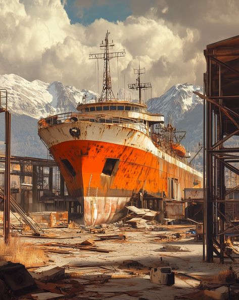 Abandoned Shipyard at Dusk - Vave BG Shipping Docks Aesthetic, Shipyard Aesthetic, Dock Illustration, Photograph Aesthetic, Tim Hildebrandt, Abandoned Ships, Old Photographs, Fishing Boat, Post Apocalyptic