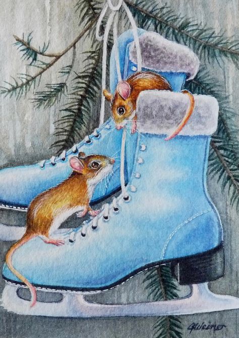 Winter Mouse Mice Ice Skates Limited Edition ACEO Giclee Print reproduced from the Original Watercolor Blue Ice Skates, Miniature Watercolor, Home Watercolor, Christmas Ice Skates, Field Mouse, Pet Mice, Watercolor Greeting Cards, Ice Skates, Blue Ice