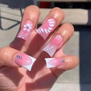 LPOODDNU Flower Press on Nails Gradient Pink Fake Nails White French False Nail Tips Unique Duck Style Acrylic Nails Spring White Flowers Nail Art Decorations Cute Stick on Nails for Women 24Pcs French Press On Nails, Kawaii Nail Art, Duck Nails, White French Tip, Nail Type, Fake Nail, Kawaii Nails, White French, Nail Length