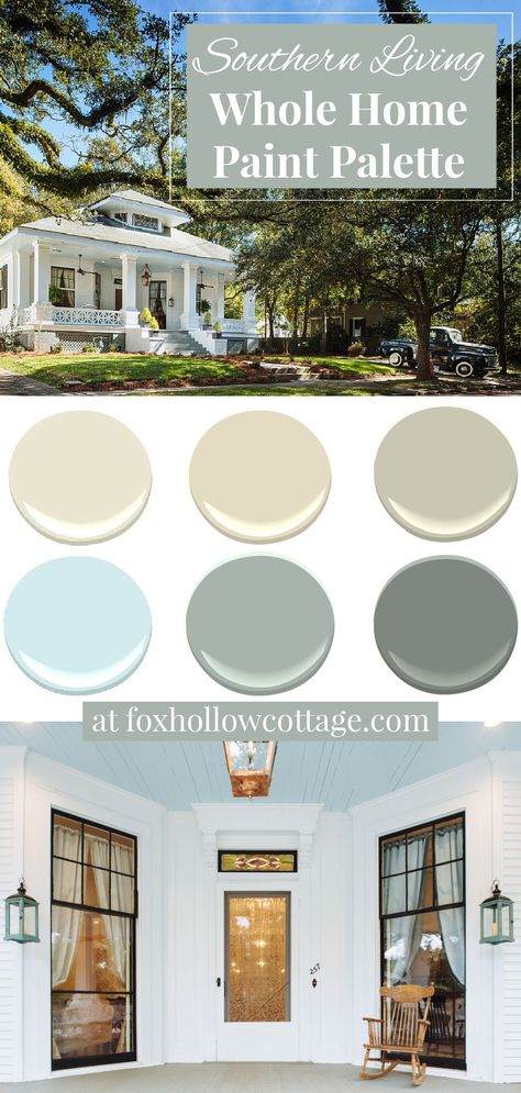 Tour a vintage Southern home after it’s refreshed and revived, and get the skinny on the whole home paint color palette that was used throughout—for a fresh, timeless feel in every room! #interiorpaint #interiorpaintideas #paintcolorpalette Southern Home Paint Colors, Southern Home Interior Paint Colors, Historic Charleston Paint Colors, Southern Home Exterior Colors, Traditional Farmhouse Color Palette, Low Country Color Palette, Old House Interior Paint Colors, Southern Home Color Palette, Whole Home Paint Palette