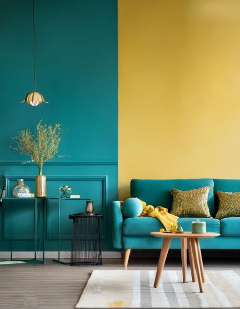 Teal and Yellow Accent Wall Yellow Accent Wall, Teal Living Room Ideas, Office Bedroom Ideas, Palette Living Room, Neutral Living Room Ideas, Teal Accent Walls, Teal Living Room, Yellow Accent Walls, Accessories Living Room