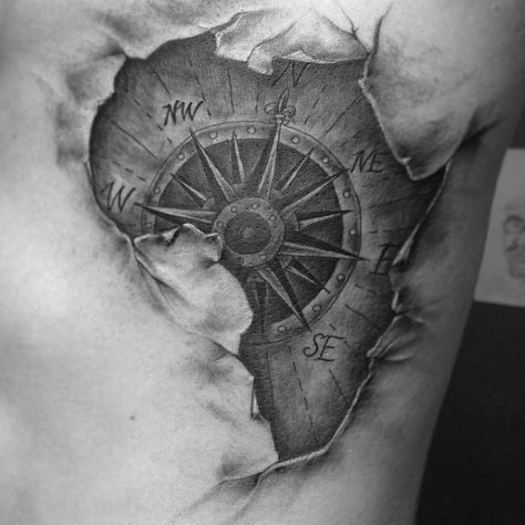 Cool Africa Nautical Compass Mens Ripped Skin Back Tattoo Sextant Tattoo, Africa Tattoo, Africa Tattoos, African Tattoo, Afrique Art, Inspiration Tattoos, 3d Tattoo, Tattoo Videos, Waves Tattoo