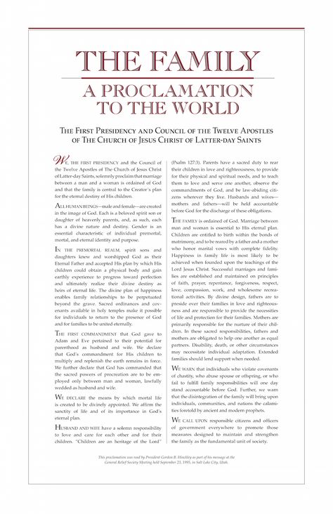 THE FAMILY A PROCLAMATION TO THE WORLD The First Presidency and Council of the Twelve Apostles of the Church of Jesus Christ of Latter-Day Saints Lds Primary Singing Time, Christ Centered Relationship, Family Proclamation, Proclamation To The World, Family Roles, The Twelve Apostles, Primary Singing Time, Psalm 127, Twelve Apostles