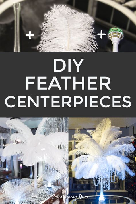 Learn how to make feather centerpieces with this step-by-step tutorial. DIY Ostrich feather centerpieces make awesome party decorations for weddings, Mardi Gras masquerade parties, Great Gatsby parties and all kinds of other events. They are simple to do and you can make them in advance, so there's no last minute arranging like you have to do with floral arrangements.  #entertainingdiva #weddingdecor  #babyshower #bridalshower #centerpieces #newyearseve #partyideas #newyearsevepartyideas Peacock Decorating Ideas, Diy Ostrich Feather, Masquerade Centerpieces, Ostrich Feather Centerpieces, Gatsby Party Decorations, Event Centerpieces, Masquerade Party Decorations, Mardi Gras Masquerade, Diy Feather