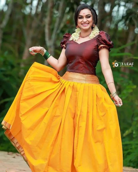 Pattu Pavada Women, Pattupavada For Women, Lakshmi Nakshatra, Onam Dress, Pattu Pavada, Long Skirt Top Designs, Langa Blouse, Onam Outfits, Long Skirt And Top