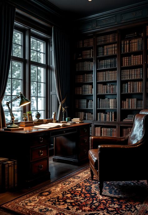 Dark Academia Decor Office Dark Academia Aesthetic, Dark Wood Design Interior, Contemporary Dark Academia Interior, Gothic Office Aesthetic, Dark Academia Reading Aesthetic, Dark Academia Decor Office, Old Dark Aesthetic, Dark Office Library, Office Decor Dark Academia