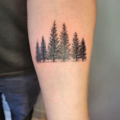 Conifer Tree Tattoo, Tree Line Tattoo Forearm, Pine Forest Tattoo, Tree Line Tattoo, Moutain Tattoos, Natur Tattoo Arm, Pine Tattoo, Tree Tattoo Forearm, Forest Tattoo