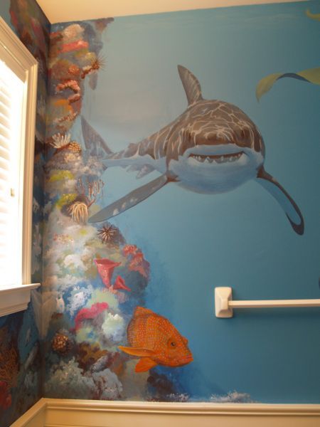 Ocean Mural, Ocean Room, Kids Room Murals, Shark Art, Murals Street Art, Bathroom Kids, Painted Floors, Mural Painting, Mural Art