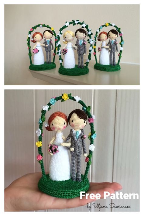 Just Married Amigurumi Free Crochet Pattern Wedding Crochet Ideas, Crochet Wedding Gifts Free Pattern, Crochet Wedding Anniversary Gifts, Crochet Wedding Gifts, Crochet Wedding Gift Ideas, Crochet Wedding Decorations Centerpieces, Crochet Marriage Gift, Wedding Crochet, Crochet Souvenirs Wedding