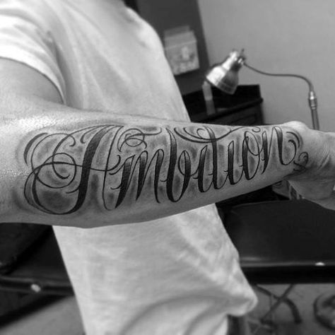 Guys Outer Forearm Shaded Ambition Tattoo Design Ideas Ambition Tattoo, Jiu Jitsu Tattoo, Wörter Tattoos, Outer Forearm Tattoo, Tattoo Design Ideas, Arm Tattoos For Guys, Forearm Tattoo Men, Word Tattoos, Tattoo Designs For Women