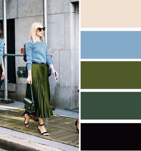 Green Pleated Skirt, Olive Green Skirt, Green Color Combinations, Colour Combinations Fashion, Color Combos Outfit, Color Combinations For Clothes, Color Balance, Olive Green Color, Green Skirt