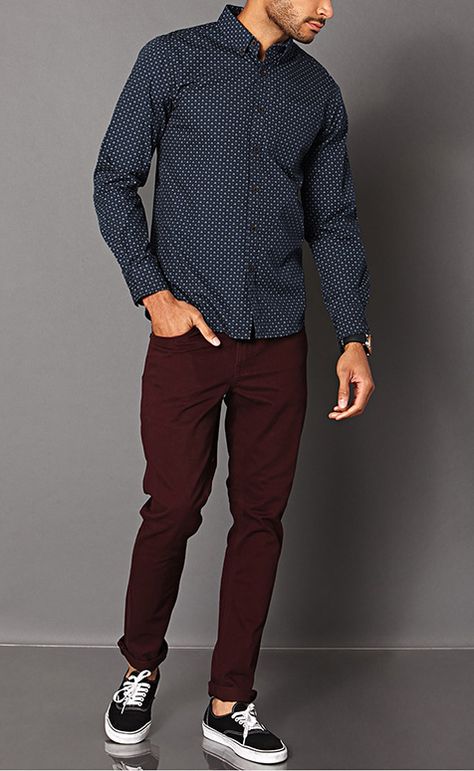 Mens Clothing and apparel: suits, t shirts, jeans | Forever 21 Red T Shirt Outfit Men, Red Pants Outfit, Burgundy Pants, Pants Outfit Men, Shirts Style, Mk Bags, Red Pants, How To Wear Scarves, Men's Wardrobe