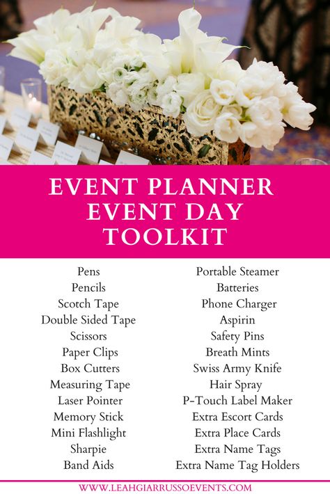 Here are the basic items every event planner should have at their events! Always have an event day toolkit packed and ready to go! You can tweak it as needed for specific events.  Be prepared for anything! #eventplanning Event Planner Must Haves, Event Planner Services List, Event Planner Storage Ideas, Event Planner Office Decor Ideas, Event Planner Checklist, Launch Party Outfit, Christmas Party Planning Checklist, Event Planner Outfit, Event Planner Office