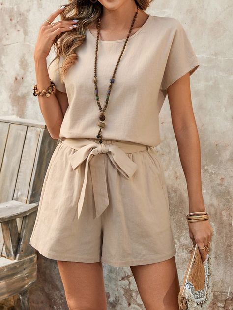 2 Stück Damen Set aus einfarbigem Rundhals Kurzarm Hemd und Shorts, Lässig Khaki Lässig  Kurzärmelig Gewebter Stoff Einfarbig  Leicht-dehnbar  Women Clothing, size features are:Bust: ,Length: ,Sleeve Length: Printed Sleeveless Top, Casual Cap, Long Sleeve Pullover Sweater, Shorts Casual, Sleeveless Jumpsuits, Casual Sets, Casual Denim, Cheongsam, Two Piece Outfit