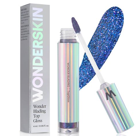 Wonderskin WONDER BLADING Top Gloss - Clear Lip Gloss, High Shine Finish, Hydrating Lip Gloss, Lip Makeup (Glitter Blue) Wonderskin Lip, Long Lasting Lip Stain, Lips Peeling, Holographic Lips, Tinted Lip Gloss, Blue Lipstick, Glitter Lip Gloss, Blue Lips, Lip Scrubs