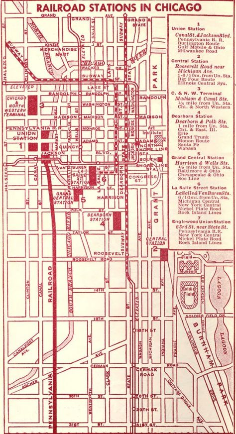 Map of Chicago's Passenger Railroad Stations from 1958. Chicago Train, Station Map, Train Map, Chicago Poster, Model Railway Track Plans, European Map, Train Route, Railroad History, Pennsylvania Railroad