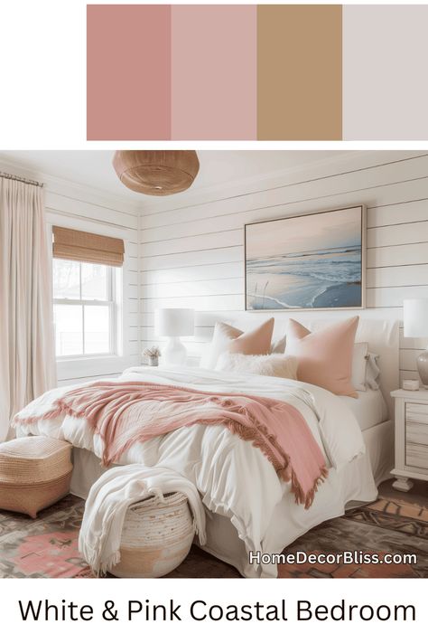 Pink Beach Theme Bedroom, Pink And Green Coastal Bedroom, Beachy Pink Bedroom, Pink Master Room, Baltimore Townhouse, Bedroom With Pink Accents, Pink Coastal Bedroom, Coastal Girls Bedroom, Nuetral Bedroom