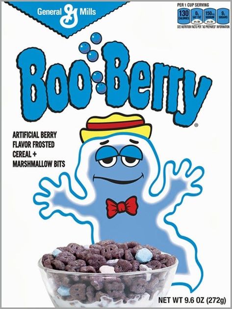 Boo Berry  - The monster cereals are a line of breakfast cereals produced by General Mills Corporation in North America. The line was introduced in 1971, and at various times has included five brands, each featuring a cartoon version of a classic movie monster: Count Chocula, Franken Berry, and Boo Berry Boo Berry Cereal, Count Chocula Cereal, Monster Cereal, Marshmallow Bits, Boo Berry, General Mills Cereal, Berry Cereal, Cereal Packaging, Retro Packaging