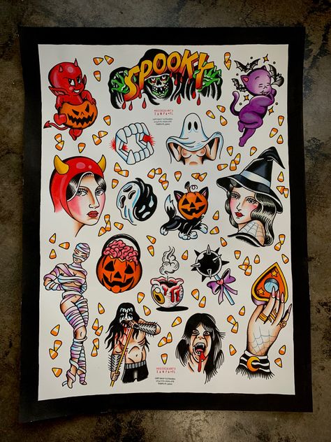 Traditional Halloween inspired tattoo designs American Traditional Halloween Flash, Trad Halloween Tattoo, Traditional Friday The 13th Tattoo Flash, Flash Tattoo Designs Traditional, Halloween Flash Sheet Tattoo, Traditional Tattoos Halloween, Flash Halloween Tattoo, Vintage Halloween Tattoo Flash, American Traditional Halloween Tattoo