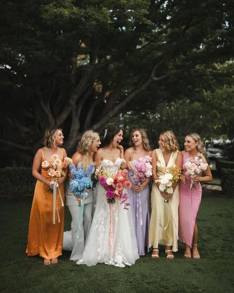 Rainbow Bridesmaid Dresses, Rainbow Bridesmaids, Pastel Bridesmaids, Wildflower Wedding Theme, Spring Bridesmaid Dresses, Summer Bridesmaids, Pastel Bridesmaid Dresses, Summer Bridesmaid Dresses, Bridesmaid Colors