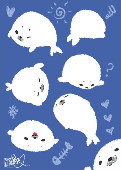 Cute Seals Drawing, Cute Seal Illustration, How To Draw A Seal, Seals Drawing, Cute Seal Drawing, Seal Kawaii, Cute Dog Character, Kawaii Seal, Seal Wallpaper