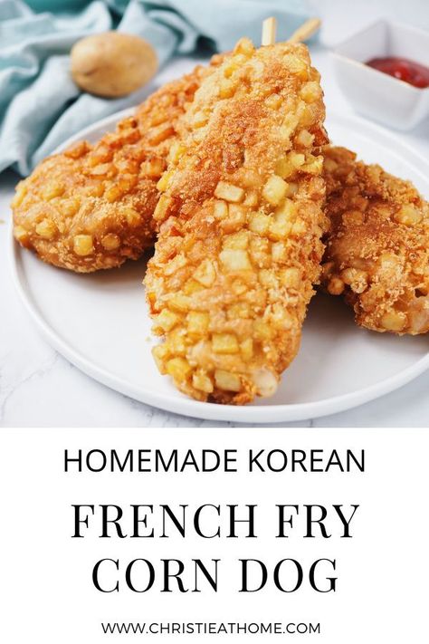 Korean French Fry Corn Dog. A popular street food in Korea where the corn dog is wrapped with diced potato french fries. Totally indulgent and so delicious! #corndog #koreanfood #hotdog #koreanrecipe #korean #asian #asianfood #asianrecipe #snack Korean Hot Dog Recipe, Fry Corn, Korean Corn Dog Recipe, Potato French Fries, Corndog Recipe, Fried Corn, Corn Dog, Easy Asian Recipes, Hot Dog Recipes