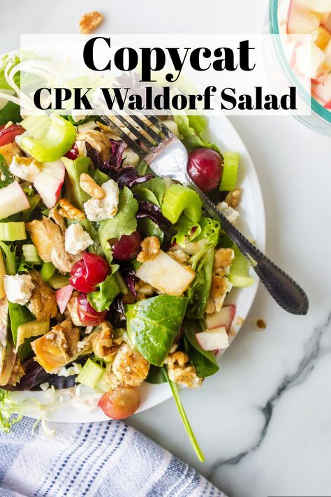 White plate with waldorf salad on a marble background. Copycat Salad Recipes, Copycat Salad, Chicken Waldorf Salad, Waldorf Chicken Salad, California Kitchen, Avocado Chicken Salad Recipe, Waldorf Salad Recipe, California Pizza Kitchen, California Pizza