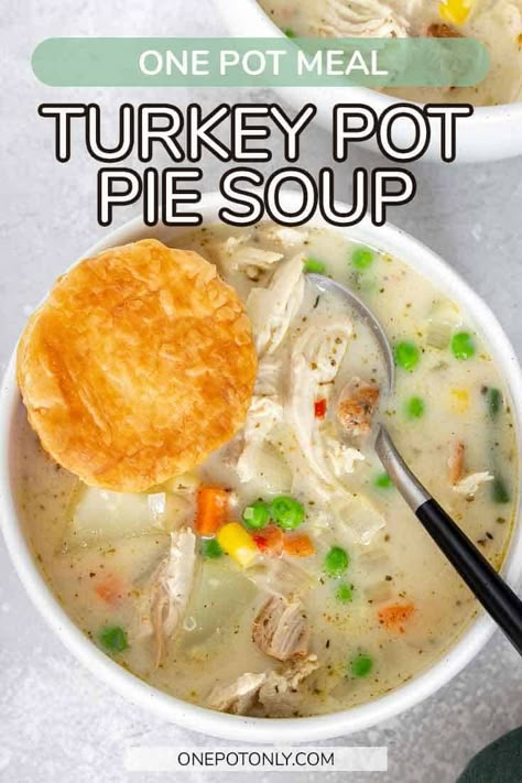 Made with leftover turkey, this Turkey Pot Pie Soup is a warm, cozy, and delicious recipe that everyone will love. This soup is so creamy and filled with shredded turkey and vegetables. Even better, it's so flavorful and easy to make with kitchen staples. Leftover Turkey Pot Pie Soup, Turkey Potpie Soup, Turkey Dumpling Soup, Turkey Pot Pie Soup, Turkey Soup Recipes, Recipes For Hosting, Pot Pie Soup Recipe, Turkey Vegetable Soup, Leftover Turkey Soup