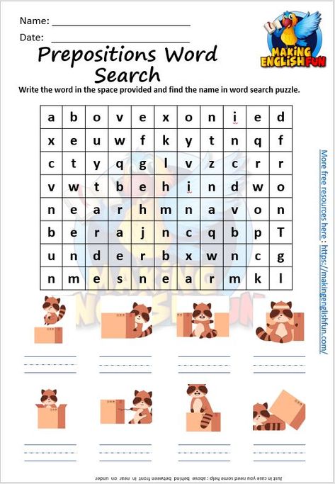 Master Prepositions with Our Free Prepositions Word Search 🔍📚

Enhance spatial understanding with our Free Prepositions Word Search! This resource provides an enjoyable way for learners to identify and familiarize themselves with common prepositions, improving their grammar and comprehension skills in an interactive format.

Find the hidden prepositions: 

#PrepositionsLearning #GrammarGames #WordSearchFun #FreeResources Preposition Worksheets Kindergarten, Esl Kindergarten, Preposition Activities, Preposition Worksheets, English Prepositions, Grammar Games, Dolch Words, Esl Vocabulary, Have Fun Teaching