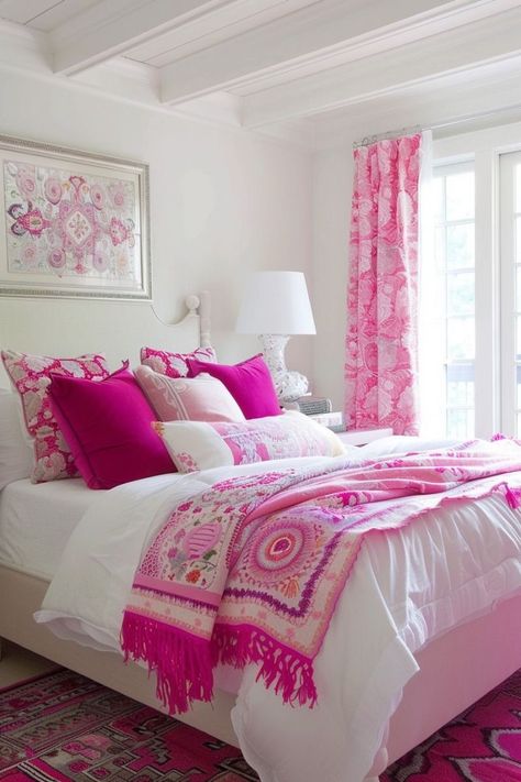 Pink White Bedroom Ideas, Purple And Pink Bedroom Ideas, Pink Bedroom Ideas For Women, Hot Pink Bedroom Decor, Pink White Bedroom, Pink Bedroom Inspirations, Hot Pink Bedroom, Bedroom Ideas For Women, White Bedroom Ideas