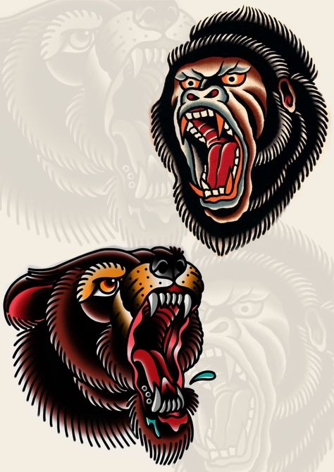 American Traditional Lion Head Tattoo, Traditional Gorilla Tattoo Design, Old School Gorilla Tattoo, Traditional Ape Tattoo, Old School Bear Tattoo, American Traditional Gorilla, American Traditional Tattoos Animal, Gorilla Head Tattoo, Bear Traditional Tattoo