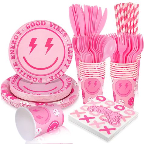 PRICES MAY VARY. Large Quantity and Good Combination: you will get 225 pieces of preppy party tableware set, including 50 disposable paper plates (25 pcs 7 inch plates, 25 pcs 9 inch plates), 25 smile face cups, 50 pink panther napkins, 25 forks, 25 knives, 25 spoons, and 25 straws, enough to serve 25 guests, easy to meet your party needs Preppy Theme Design: our party plates cups and napkin sets are mainly pink and white, printed with smiling face, panther and other patterns, and the design is Preppy Birthday Decorations, Preppy Party Decorations, Pink Birthday Party Decorations, 12th Birthday Party Ideas, Birthday Sleepover Ideas, Preppy Birthday, Pink Party Theme, Hippie Birthday, Preppy Party